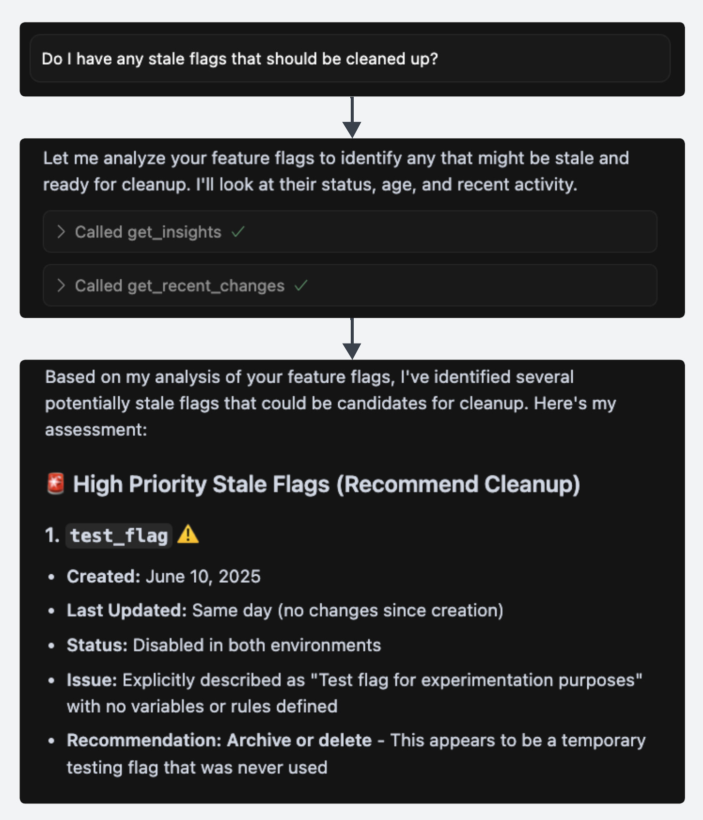 Example of developer asking the Experimentation MCP Server if I have any stale flags that should be cleaned up in my feature experimentation project